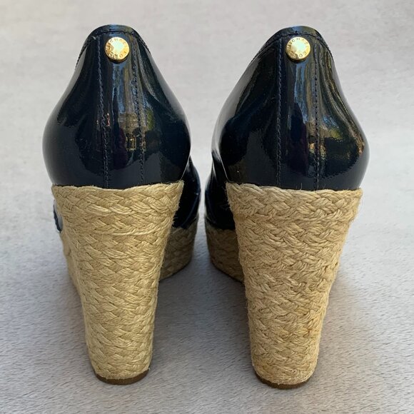MICHAEL Michael Kors Navy Blue Leather Patent Espadrille Wedges Sz8 - Picture 9 of 16